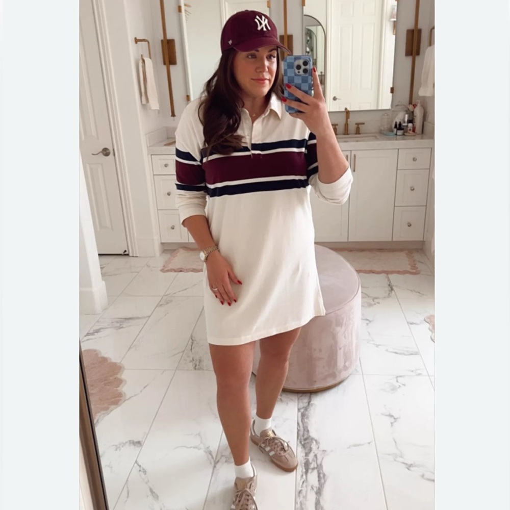 Abercrombie & Fitch Cream Long Sleeve Polo Dresswith Stripes Size Small Tall